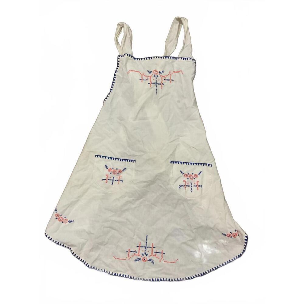 Vintage White Cotton Women's Apron with Blue and Pink Embroidery